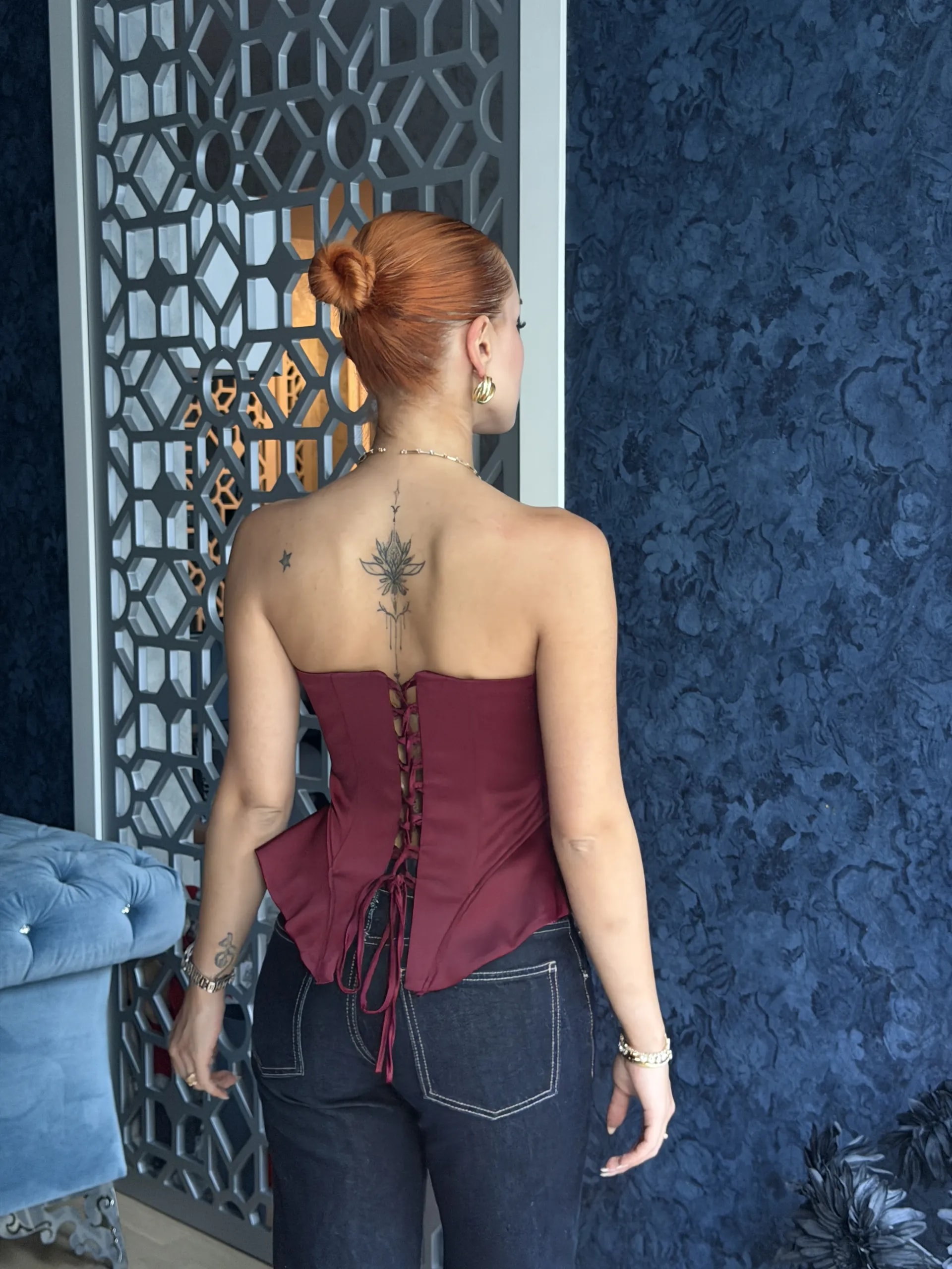 BORDO VOLANLI SATEN KORSE hover